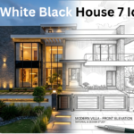 Modern home front design with black and white exterior and luxury lighting