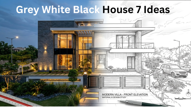 Modern home front design with black and white exterior and luxury lighting