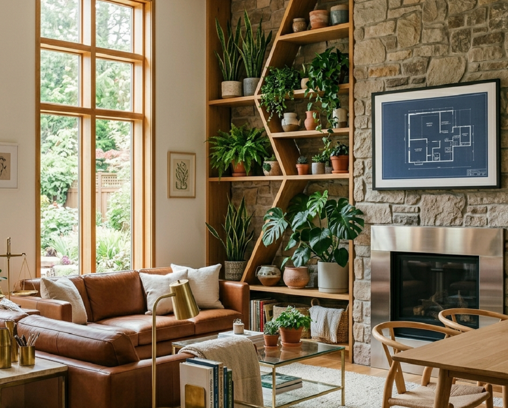 Modern Style: Modern minimalist living room with a neutral beige sofa, wooden coffee table, and large indoor plants under warm lighting.

Cozy/Traditional: Cozy traditional living room featuring a plush grey couch, colorful throw pillows, a vintage rug, and a brick fireplace.

Luxury: Luxury living room interior with a velvet chesterfield sofa, marble flooring, and a crystal chandelier.

2. Kitchen (Rasoi)
Modular Kitchen: Modern modular kitchen with matte black cabinets, white quartz countertops, and under-cabinet LED lighting.

Bright/Open: Bright open-concept kitchen featuring a large central island, stainless steel appliances, and wooden bar stools.

Compact: Compact and organized small kitchen design with smart storage solutions and light oak finishes.

3. Bedroom (Sone ka Kamra)
Master Bedroom: Spacious master bedroom with a king-size tufted bed, elegant accent wall, and sheer curtains letting in natural light.

Boho Style: Bohemian style bedroom interior with a rattan bed frame, macrame wall hanging, and earthy tone bedding.

Kids Bedroom: Colorful kids bedroom with a bunk bed, built-in study desk, and playful wall decals.

4. Dining Room & Bathroom
Dining Area: Elegant dining room setup with a 6-seater wooden dining table, upholstered chairs, and a modern pendant light.

Bathroom/Vanity: Contemporary bathroom design featuring a floating vanity, backlit LED mirror, and grey marble tiles.

5. Generic/General Interior Design Tags (For Galleries)